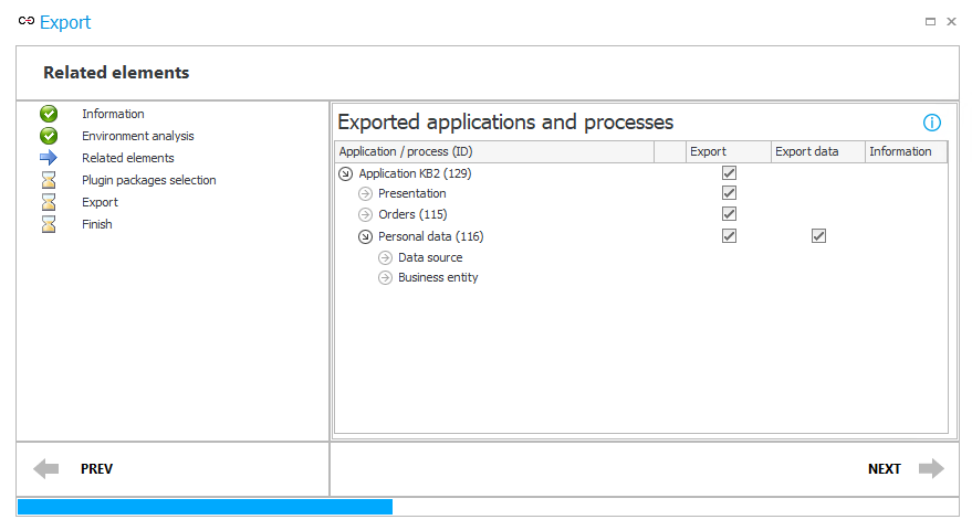 The image shows the export wizard